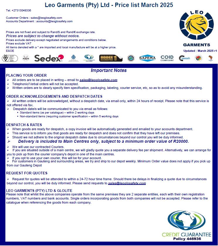 Leo Garments Price List March 2025 R1 Front Page Leo Garments Price List April 2023 r3
